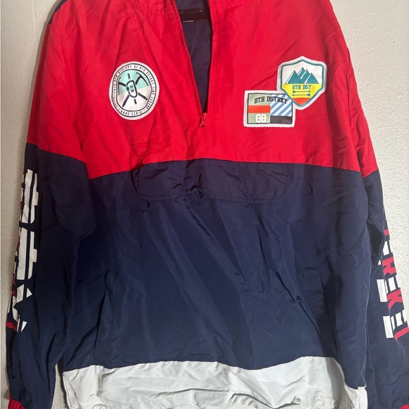 Red and Blue Half-Zip Windbreaker with Patches - Picture 1 of 6